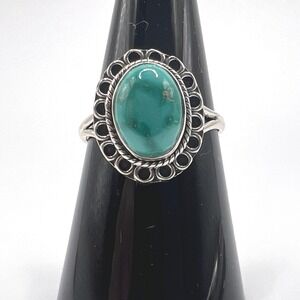 Sterling Silver Oval Turquoise Ring Size 8 Southwestern Boho Statement